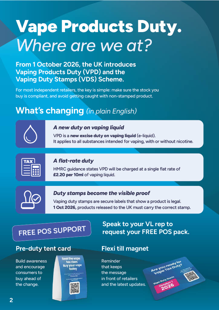 Vape Products Duty - What's changing: a new duty on vaping liquid, a flat-rate duty of £2.20 per 10ml, and duty stamps become the visible proof from 1 Oct 2026. Free POS support available.